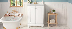 English Elm 24 Inch Bathroom Vanity with Ceramic Sink Carved Legs Soft Close Cabinet Storage White N710P446524K