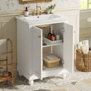 English Elm 24 Inch Bathroom Vanity with Ceramic Sink Carved Legs Soft Close Cabinet Storage White N710P446524K