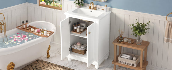 English Elm 24 Inch Bathroom Vanity with Ceramic Sink Carved Legs Soft Close Cabinet Storage White N710P446524K
