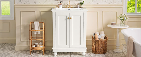 English Elm 24 Inch Bathroom Vanity with Ceramic Sink Carved Legs Soft Close Cabinet Storage White N710P446524K