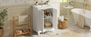 English Elm 24 Inch Bathroom Vanity with Ceramic Sink Carved Legs Soft Close Cabinet Storage White N710P446524K