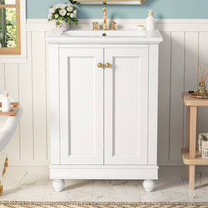 English Elm 24 Inch Bathroom Vanity with Ceramic Sink Carved Legs Soft Close Cabinet Storage White N710P446524K