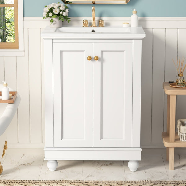 English Elm 24 Inch Bathroom Vanity with Ceramic Sink Carved Legs Soft Close Cabinet Storage White N710P446524K