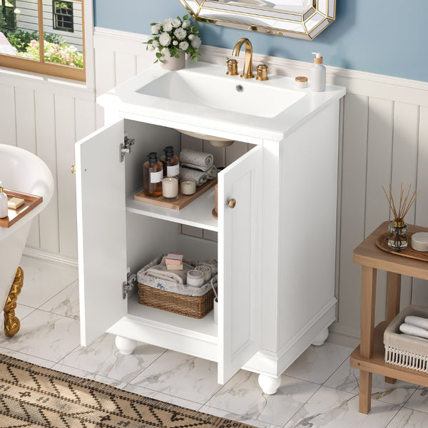 English Elm 24 Inch Bathroom Vanity with Ceramic Sink Carved Legs Soft Close Cabinet Storage White N710P446524K