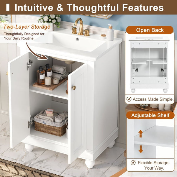 English Elm 24 Inch Bathroom Vanity with Ceramic Sink Carved Legs Soft Close Cabinet Storage White N710P446524K