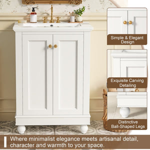 English Elm 24 Inch Bathroom Vanity with Ceramic Sink Carved Legs Soft Close Cabinet Storage White N710P446524K