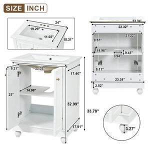 English Elm 24 Inch Bathroom Vanity with Ceramic Sink Carved Legs Soft Close Cabinet Storage White N710P446524K
