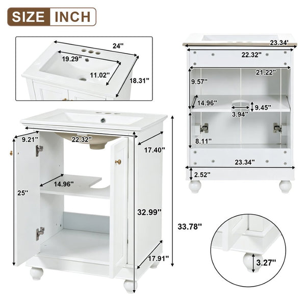English Elm 24 Inch Bathroom Vanity with Ceramic Sink Carved Legs Soft Close Cabinet Storage White N710P446524K