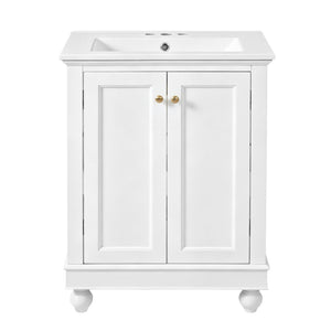 English Elm 24 Inch Bathroom Vanity with Ceramic Sink Carved Legs Soft Close Cabinet Storage White N710P446524K