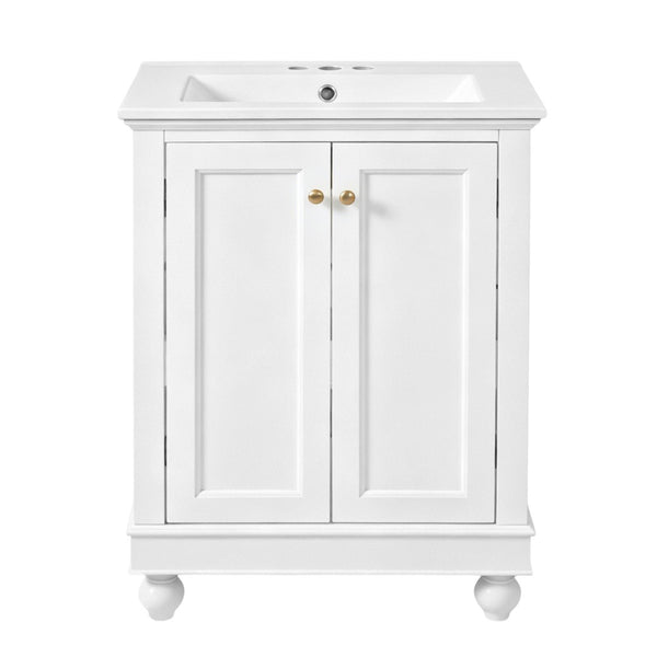 English Elm 24 Inch Bathroom Vanity with Ceramic Sink Carved Legs Soft Close Cabinet Storage White N710P446524K
