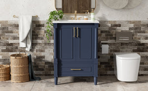 English Elm 24 Inch French Classical Bathroom Vanity with Carved Legs Ceramic Sink and Soft Close Cabinet Blue N710P446527C