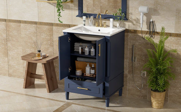 English Elm 24 Inch French Classical Bathroom Vanity with Carved Legs Ceramic Sink and Soft Close Cabinet Blue N710P446527C