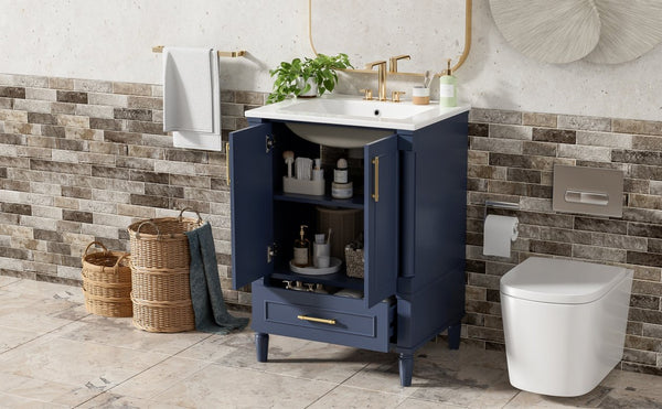 English Elm 24 Inch French Classical Bathroom Vanity with Carved Legs Ceramic Sink and Soft Close Cabinet Blue N710P446527C