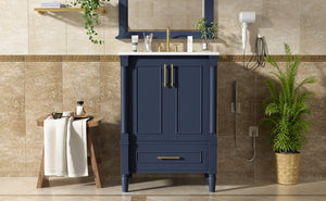 English Elm 24 Inch French Classical Bathroom Vanity with Carved Legs Ceramic Sink and Soft Close Cabinet Blue N710P446527C