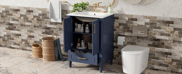 English Elm 24 Inch French Classical Bathroom Vanity with Carved Legs Ceramic Sink and Soft Close Cabinet Blue N710P446527C