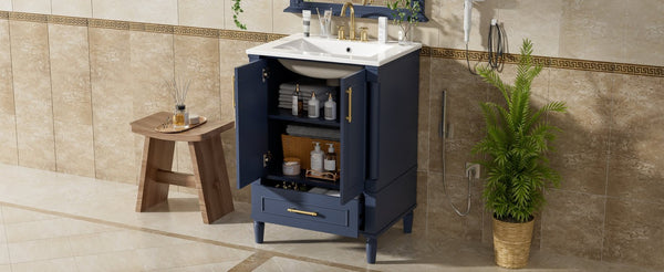 English Elm 24 Inch French Classical Bathroom Vanity with Carved Legs Ceramic Sink and Soft Close Cabinet Blue N710P446527C