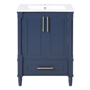 English Elm 24 Inch French Classical Bathroom Vanity with Carved Legs Ceramic Sink and Soft Close Cabinet Blue N710P446527C
