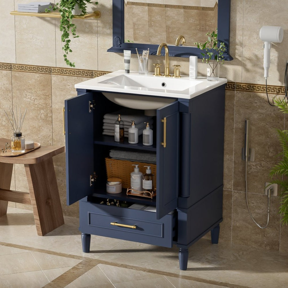 English Elm 24 Inch French Classical Bathroom Vanity with Carved Legs Ceramic Sink and Soft Close Cabinet Blue N710P446527C
