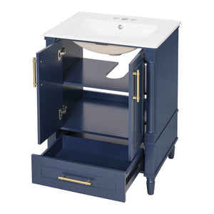 English Elm 24 Inch French Classical Bathroom Vanity with Carved Legs Ceramic Sink and Soft Close Cabinet Blue N710P446527C