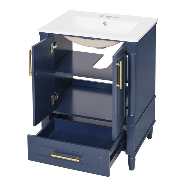 English Elm 24 Inch French Classical Bathroom Vanity with Carved Legs Ceramic Sink and Soft Close Cabinet Blue N710P446527C