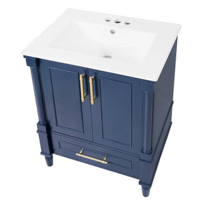 English Elm 24 Inch French Classical Bathroom Vanity with Carved Legs Ceramic Sink and Soft Close Cabinet Blue N710P446527C