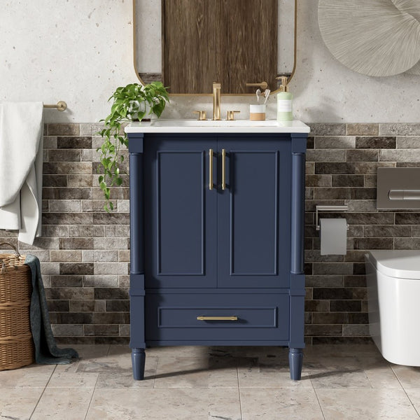 English Elm 24 Inch French Classical Bathroom Vanity with Carved Legs Ceramic Sink and Soft Close Cabinet Blue N710P446527C