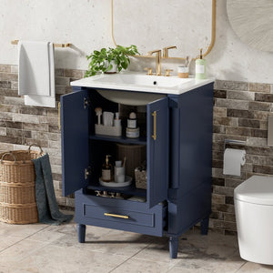 English Elm 24 Inch French Classical Bathroom Vanity with Carved Legs Ceramic Sink and Soft Close Cabinet Blue N710P446527C