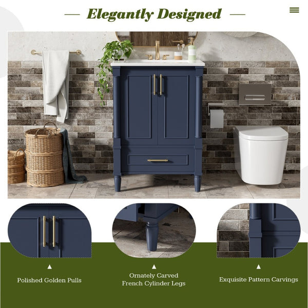 English Elm 24 Inch French Classical Bathroom Vanity with Carved Legs Ceramic Sink and Soft Close Cabinet Blue N710P446527C