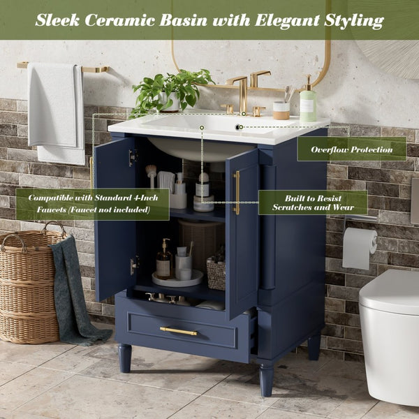 English Elm 24 Inch French Classical Bathroom Vanity with Carved Legs Ceramic Sink and Soft Close Cabinet Blue N710P446527C