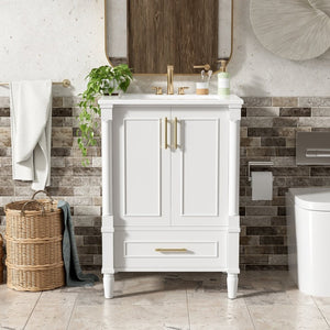English Elm 24 Inch French Classical Bathroom Vanity with Carved Legs Ceramic Sink and Soft Close Cabinet White N710P446527K