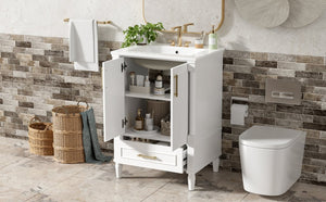 English Elm 24 Inch French Classical Bathroom Vanity with Carved Legs Ceramic Sink and Soft Close Cabinet White N710P446527K