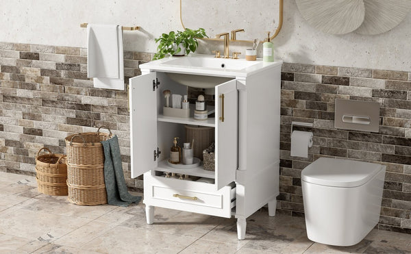 English Elm 24 Inch French Classical Bathroom Vanity with Carved Legs Ceramic Sink and Soft Close Cabinet White N710P446527K