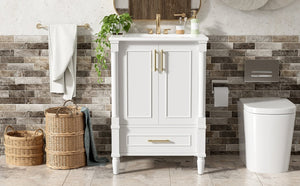 English Elm 24 Inch French Classical Bathroom Vanity with Carved Legs Ceramic Sink and Soft Close Cabinet White N710P446527K