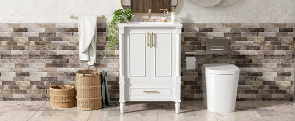 English Elm 24 Inch French Classical Bathroom Vanity with Carved Legs Ceramic Sink and Soft Close Cabinet White N710P446527K