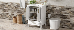 English Elm 24 Inch French Classical Bathroom Vanity with Carved Legs Ceramic Sink and Soft Close Cabinet White N710P446527K