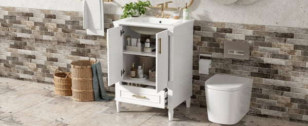 English Elm 24 Inch French Classical Bathroom Vanity with Carved Legs Ceramic Sink and Soft Close Cabinet White N710P446527K