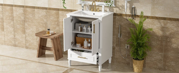 English Elm 24 Inch French Classical Bathroom Vanity with Carved Legs Ceramic Sink and Soft Close Cabinet White N710P446527K