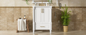 English Elm 24 Inch French Classical Bathroom Vanity with Carved Legs Ceramic Sink and Soft Close Cabinet White N710P446527K