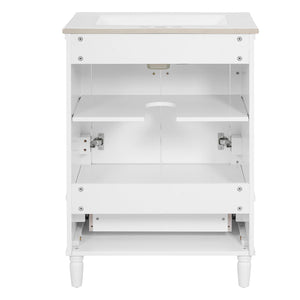 English Elm 24 Inch French Classical Bathroom Vanity with Carved Legs Ceramic Sink and Soft Close Cabinet White N710P446527K