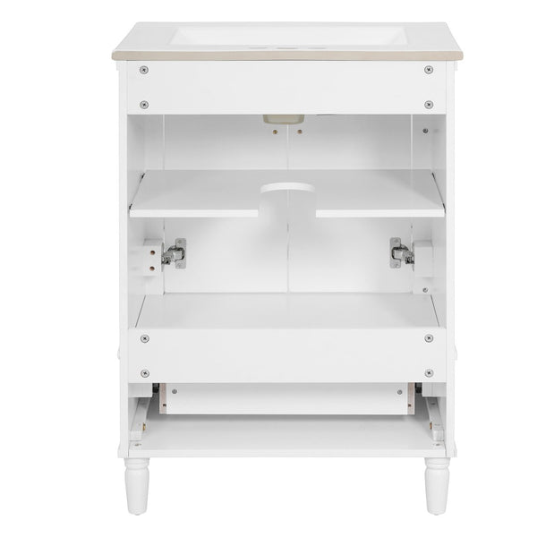 English Elm 24 Inch French Classical Bathroom Vanity with Carved Legs Ceramic Sink and Soft Close Cabinet White N710P446527K