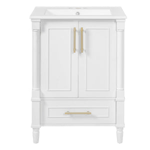 English Elm 24 Inch French Classical Bathroom Vanity with Carved Legs Ceramic Sink and Soft Close Cabinet White N710P446527K