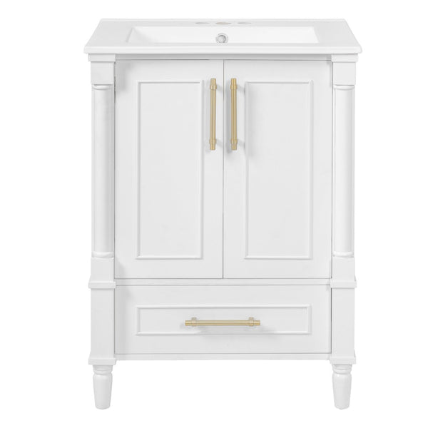 English Elm 24 Inch French Classical Bathroom Vanity with Carved Legs Ceramic Sink and Soft Close Cabinet White N710P446527K