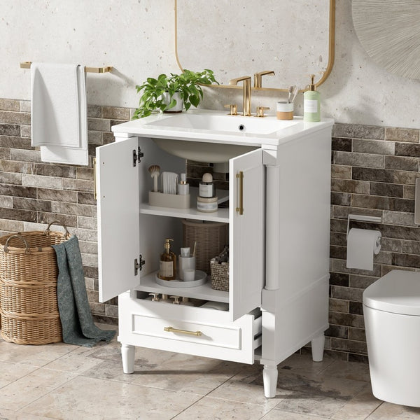 English Elm 24 Inch French Classical Bathroom Vanity with Carved Legs Ceramic Sink and Soft Close Cabinet White N710P446527K