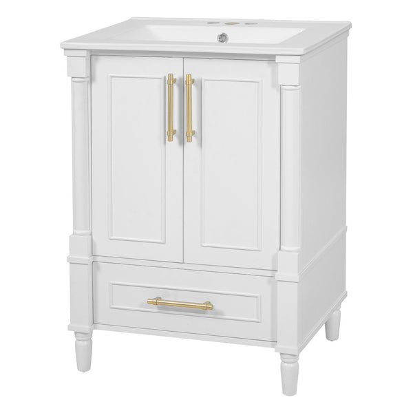 English Elm 24 Inch French Classical Bathroom Vanity with Carved Legs Ceramic Sink and Soft Close Cabinet White N710P446527K