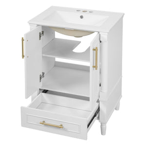 English Elm 24 Inch French Classical Bathroom Vanity with Carved Legs Ceramic Sink and Soft Close Cabinet White N710P446527K