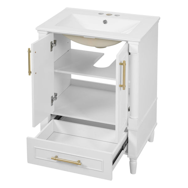English Elm 24 Inch French Classical Bathroom Vanity with Carved Legs Ceramic Sink and Soft Close Cabinet White N710P446527K