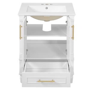 English Elm 24 Inch French Classical Bathroom Vanity with Carved Legs Ceramic Sink and Soft Close Cabinet White N710P446527K