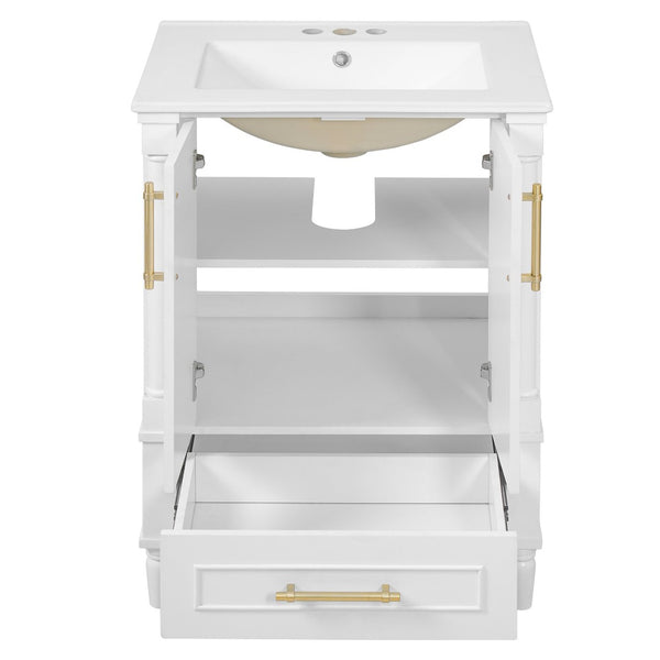 English Elm 24 Inch French Classical Bathroom Vanity with Carved Legs Ceramic Sink and Soft Close Cabinet White N710P446527K