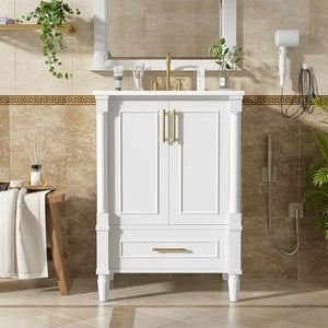 English Elm 24 Inch French Classical Bathroom Vanity with Carved Legs Ceramic Sink and Soft Close Cabinet White N710P446527K
