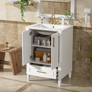 English Elm 24 Inch French Classical Bathroom Vanity with Carved Legs Ceramic Sink and Soft Close Cabinet White N710P446527K